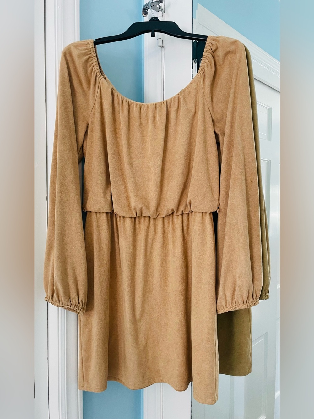 Jodi Kristopher Tan Faux Suede Long-Sleeve Elastic-Waist Mini Dress